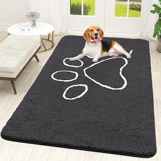 OLANLY Door Mat for Muddy Dog Paws 59x35, Ultra Absorbent Chenille Mud Doormat with Paw Print Design, Non-Slip Washable Doormat for Indoor Entryway, Quick-Dry Pet Bed Mats for Dirty Dogs, Dark Grey