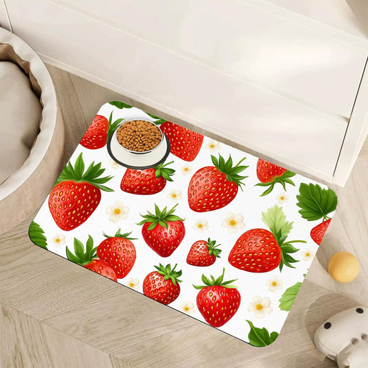 Cute Strawberry Flower Dog Cat Food Mat,Absorbent Pet Feeding Mat with Rubber Backing,Non-Slip Water Bowl Placemat,Indoor Pet Accessories Supplies 12"x20"