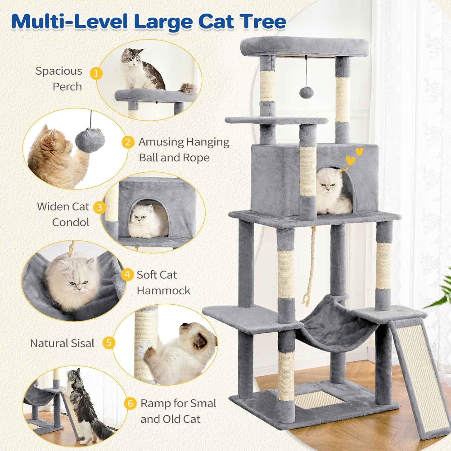 Cat Tree Tower 63in Multi-Level Cat Tower for Indoor Cats with Sisal Scratching Posts, Condo, Hammock, Dangling Ball and Extended Platform for Cats to Play, Light Grey