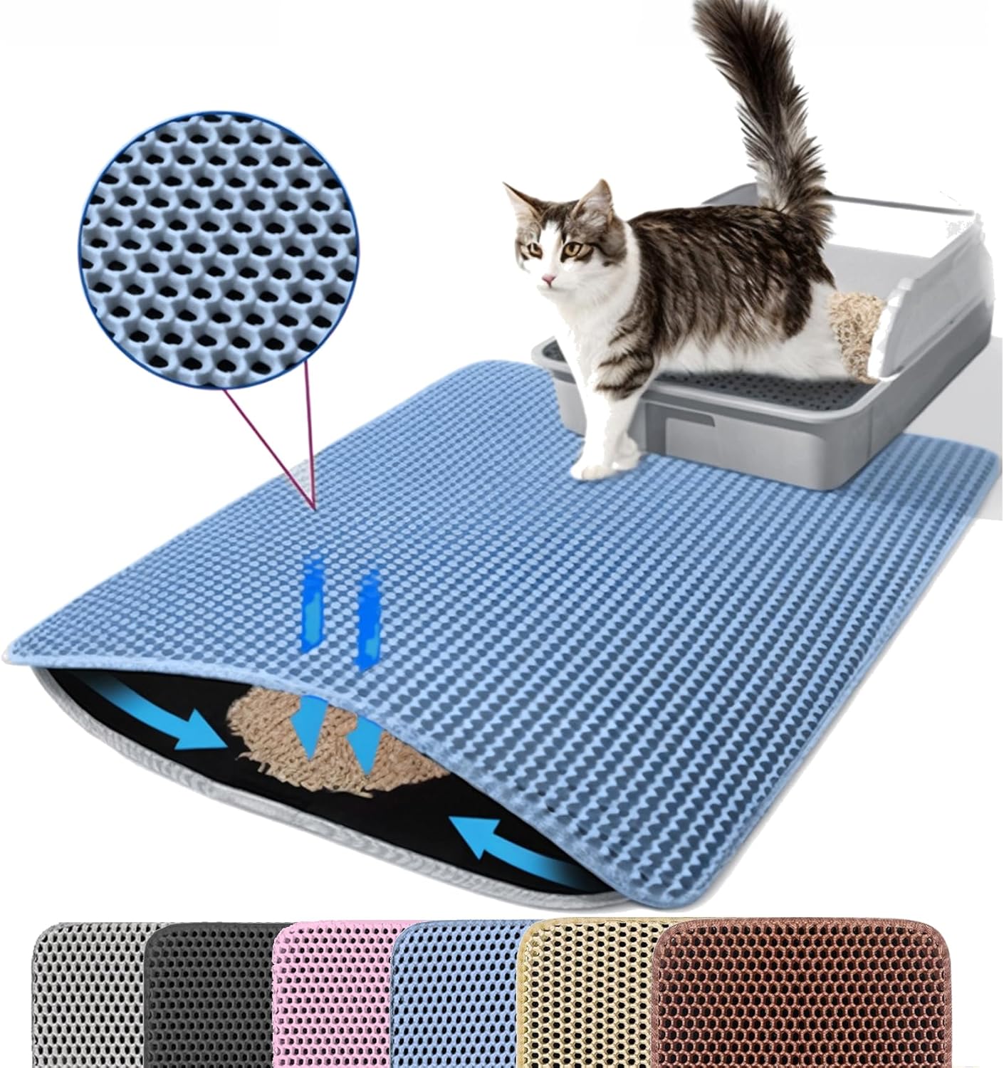 Extra Large Cat Litter Mat, 30x22 Inches Honeycomb Double Layer Cat Litter Trapping Mat, Non Slip Waterproof Urine Proof Large Kitty Litter Box Mat for Floor, Kitten Supplies, XL, Blue