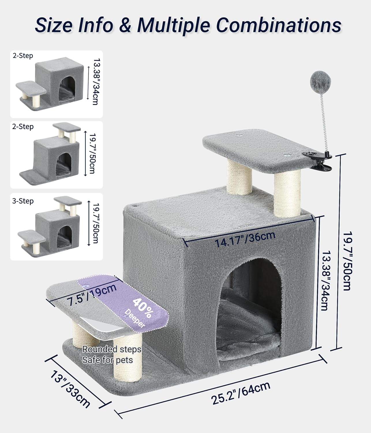Happi N Pets Dog Stairs with Cat Scratching Post & Large Condo, Stable Pet Steps for High Beds Couch, 3 Combinations Cat Ramp Tree Tower for Cats or Small Dogs, Removable Cushion & Bonus Toy, Gray