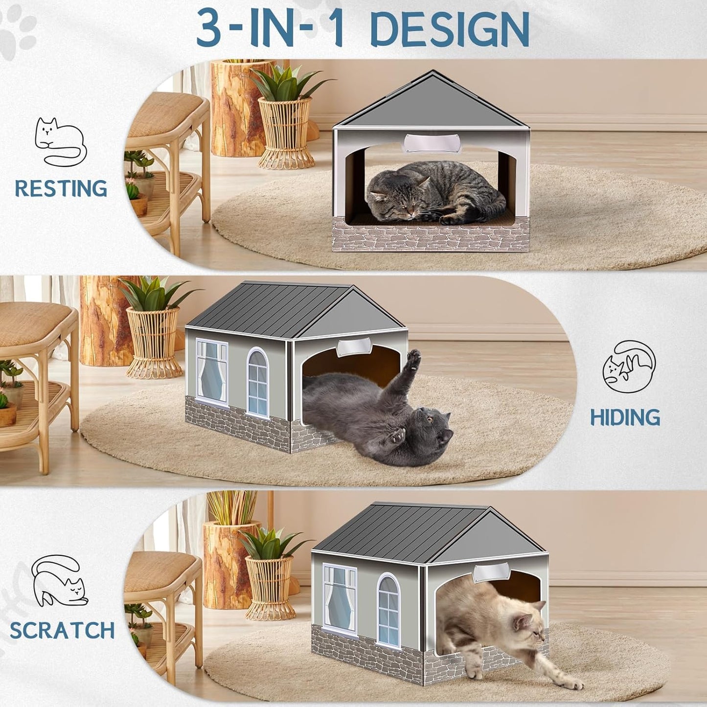 Cardboard Cat House & Scratcher with Catnip - Easy No-Tool Assembly Kitten Playhouse, 13.5x14.5x13 Inch Fun Indoor Cat Scratcher House for Small Cats
