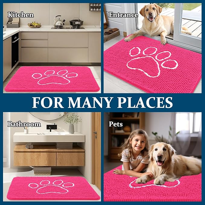 OLANLY Door Mat for Muddy Dog Paws 30x20, Ultra Absorbent Chenille Mud Doormat with Paw Print Design, Non-Slip Washable Doormat for Indoor Entryway, Quick-Dry Pet Bed Mats for Dirty Dogs, Hot Pink