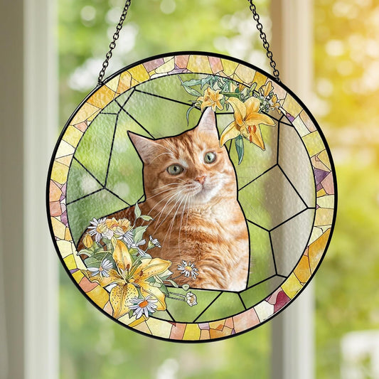 NAZENTI Personalized Cat Memorial Suncatcher, Sympathy Gift for Loss of Pet, Cat Remembrance Gift, Stained Glass Suncatcher, Custom Portrait Photo and Name, Pet Memorial Ornament Window Hanging 1