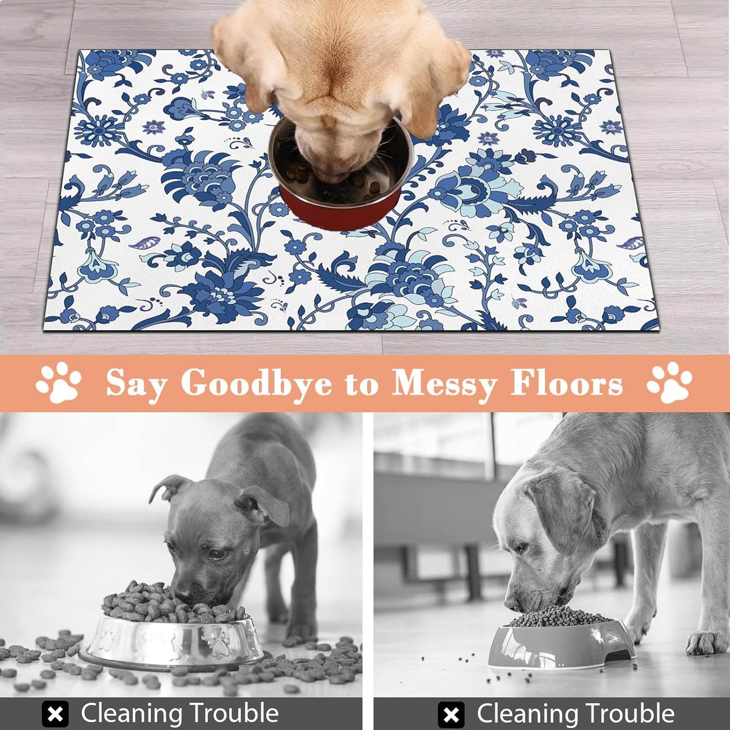 Pet Dog Food Mat Large - Absorbent Non-Slip Placemat for Dog Bowl,Cat Feding Mats for Floors,Dishmat for Food and Water,12"x20"(Vintage Flower)