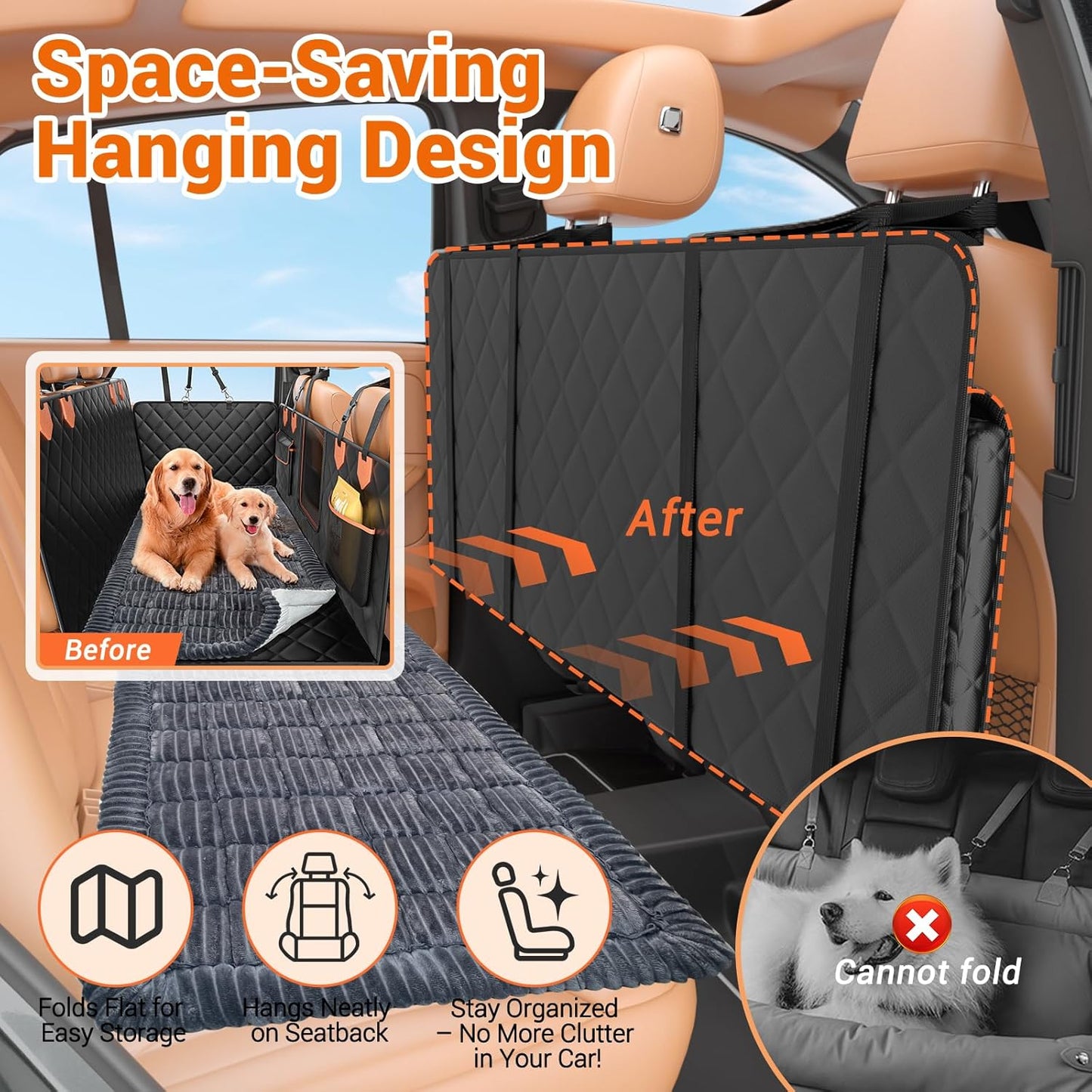 Hard Bottom Car Seat Cover for Dog swith Removable Soft Blankets,Scratch-Proof and Anti-Slip Car Dog Hammock for Large Dogs Brown for Car, SUV