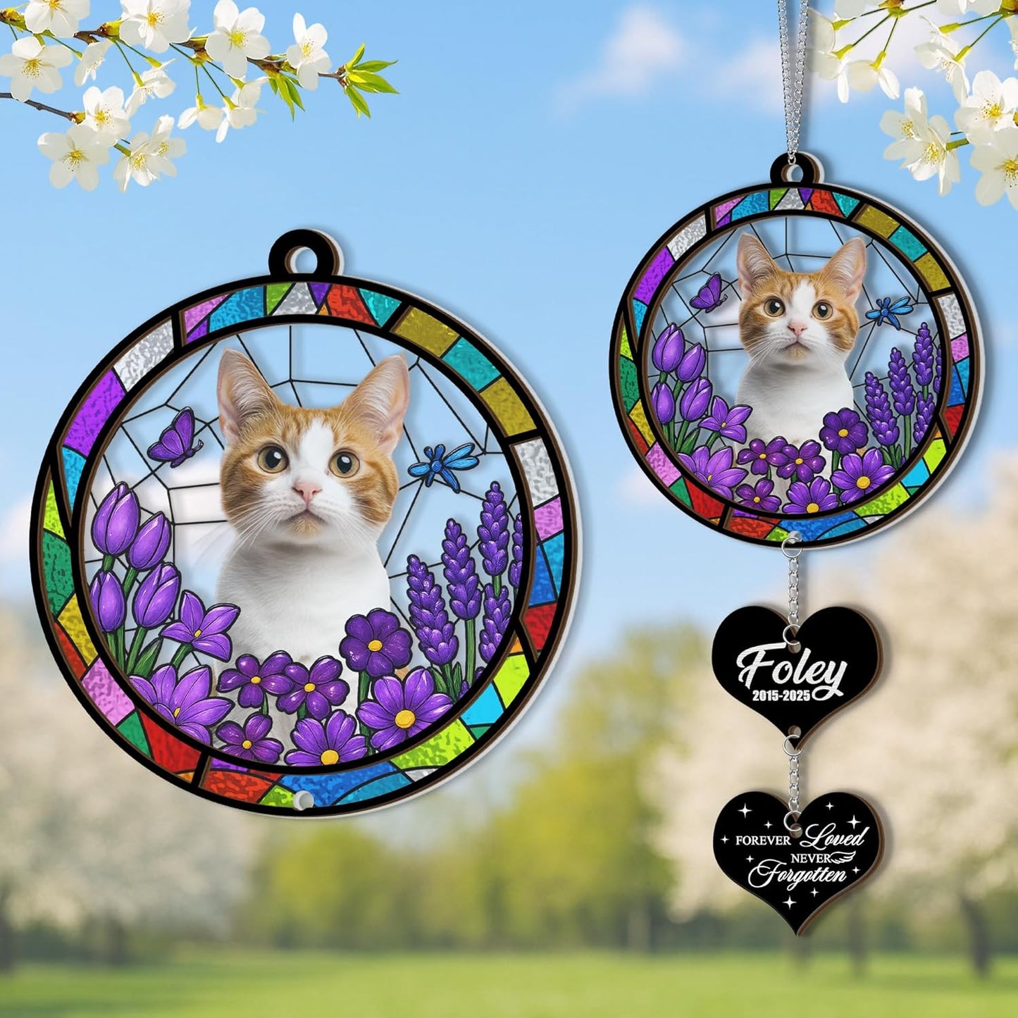 Custom Pet Memorial Gifts with Unique Design | Custom Pet Loss Gifts for Furry Friends | Round Stained Glass Cat Suncatcher with Charms | Personalized Cat Loss Sympathy Gift for Pets Owners