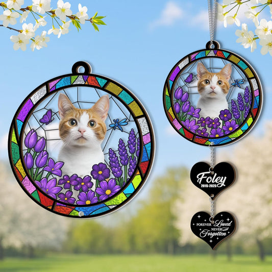 Custom Pet Memorial Gifts with Unique Design | Custom Pet Loss Gifts for Furry Friends | Round Stained Glass Cat Suncatcher with Charms | Personalized Cat Loss Sympathy Gift for Pets Owners