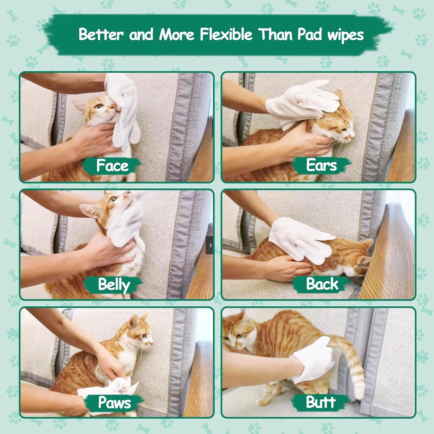 Pet Cleaning and Deodorizing Bathing Grooming Glove Wipes for Dogs and Cats, Extra Thick Nourish Fur No-Rinse Grooming Wipes for Daily Care and Travel, Hypoallergenic, 10 pcs