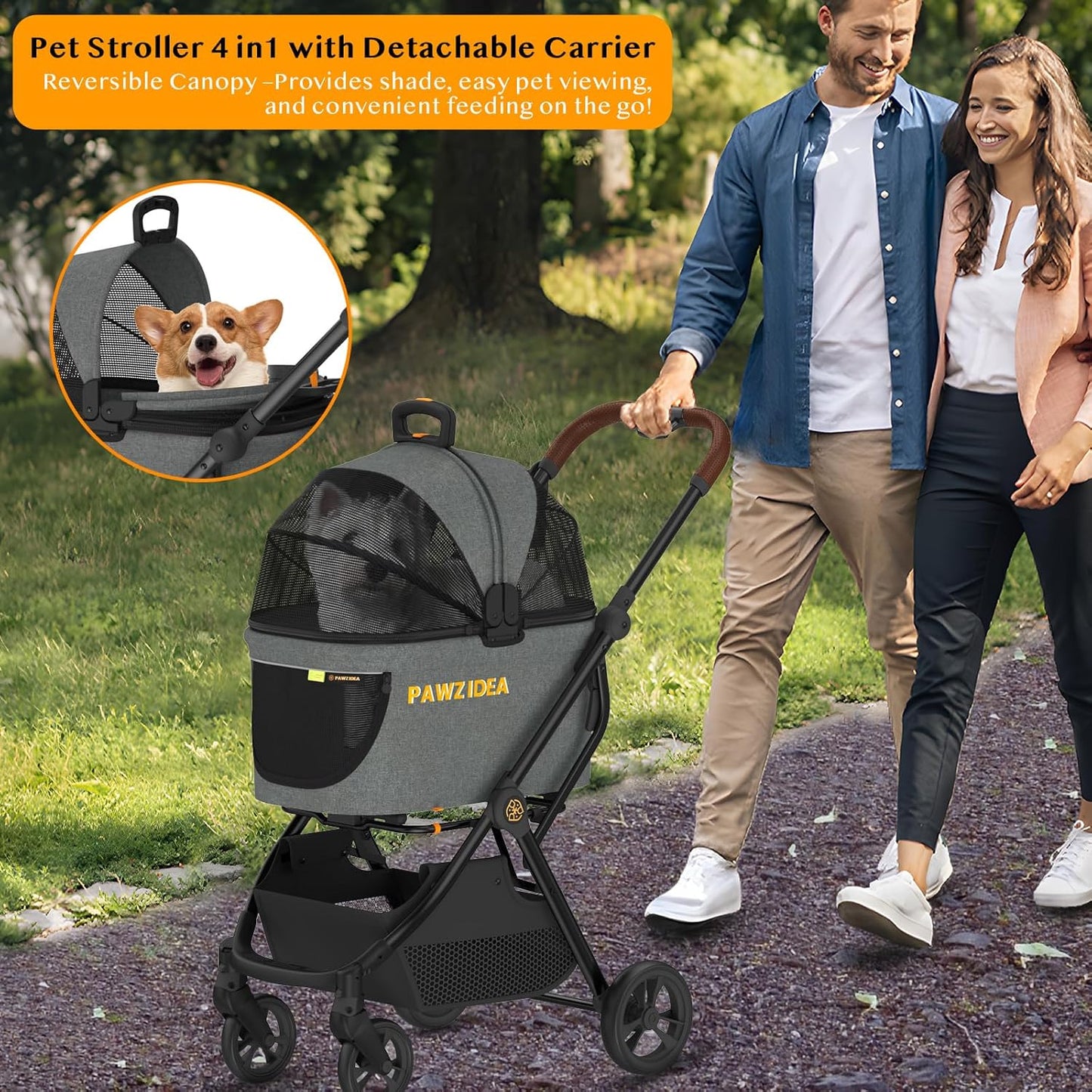 PAWZIDEA Pet Stroller 4 in 1, Dog Strollers with Detachable Carrier No-Zip Canopy, Portable Pet Crate for Car Seat Travel, Foldable & Lightweight Jogger for Small/Medium Dogs and Cats, Storage Basket