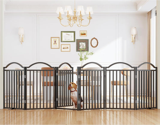 UDD Dog Gate Indoor 144" Extra Wide, 32" Tall Foldable Pet Gate with Door for Stairs Doorways Hallways Porch, Freestanding No Drilling Metal Pet Fence for Dogs Puppy, Black 6-Panel