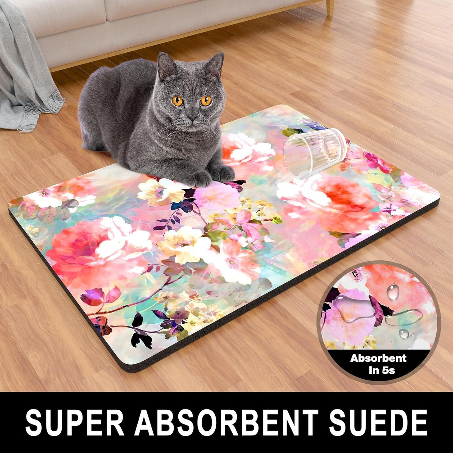 Dog Food Mat, 12" x 19" Flower Absorbent Dog Cat Bowl Mat for Food and Water, Cute Anti-Slip Rubber Pet Feeding Rug Protect Floors, Placemat for Feeding & Watering Supplies, Pink