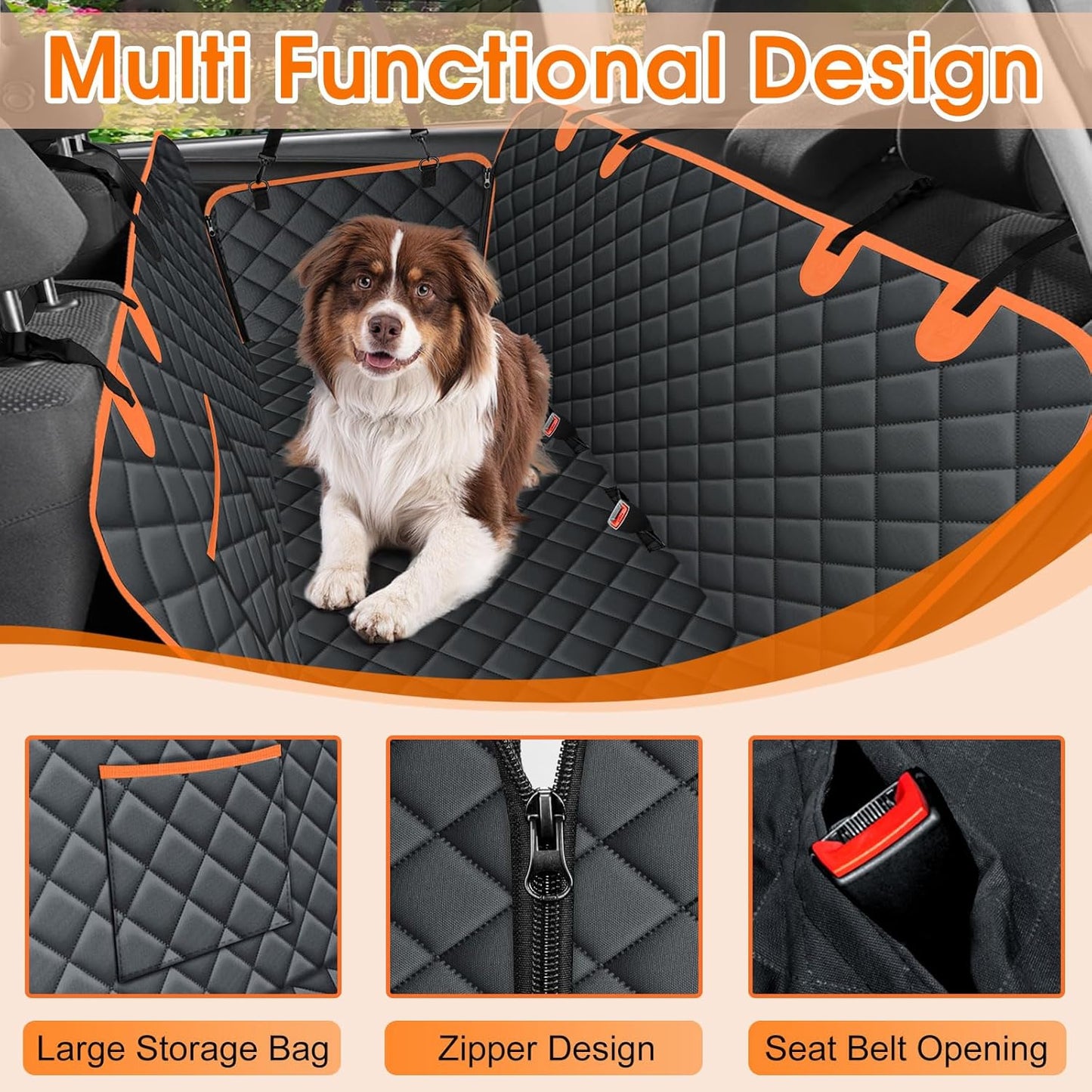 Waterproof Dog Car Seat Cover for Back Seat - Durable, Scratch Proof Pet Hammock with Nonslip Design & Storage Pockets, Fits Cars, SUVs, Trucks- S, Black/Orange