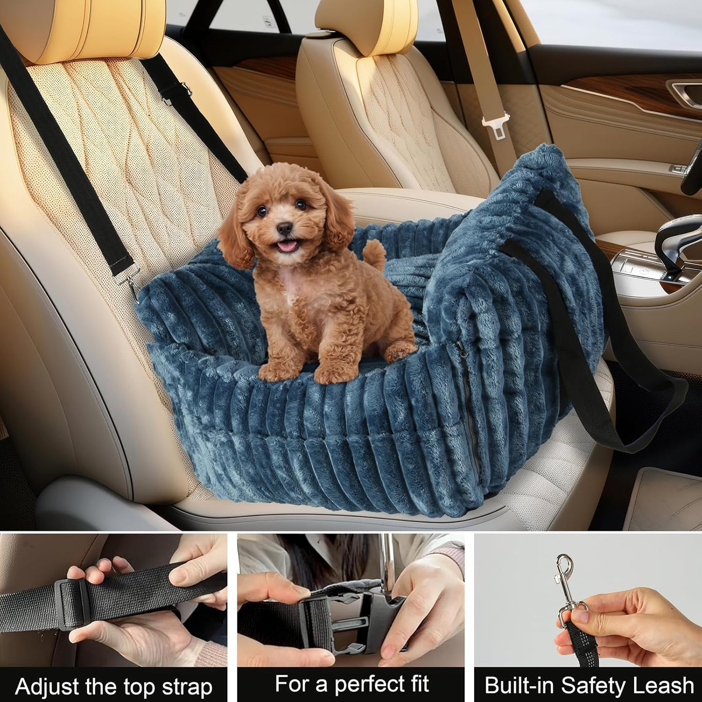 Dog Car Booster Seat, for Small Dogs Under 30 lbs, Detachable Washable Travel Bed with Storage Pockets and Safety Belt (SOMKY Blue, Medium)