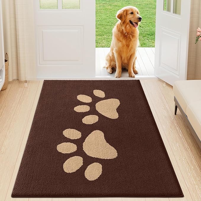 Buganda Dog Door Mat for Muddy Paws, Absorbent Dirt Trapper Washable Indoor Doormats, Non Slip Low-Profile Mud Mat for Dogs, Front Entrance Doormat for Inside Floor (47x24 Inches, Brown)