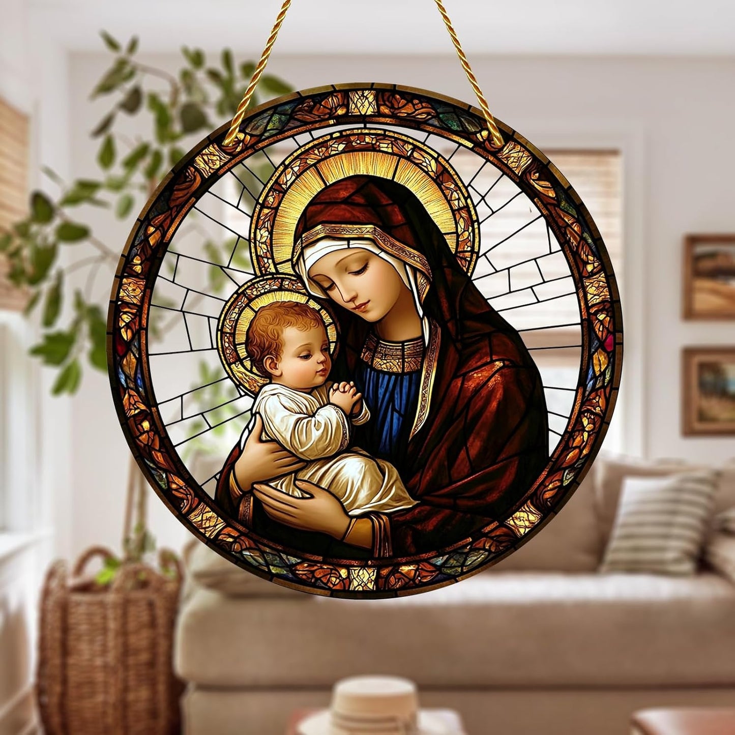 8x8 inch Charming Madonna and Child Acrylic Stained Glass Window Hanging Sun Catcher Decor Stained Panel Hangings Wall Art Decor, for Friends and Family (Madonna and Child)
