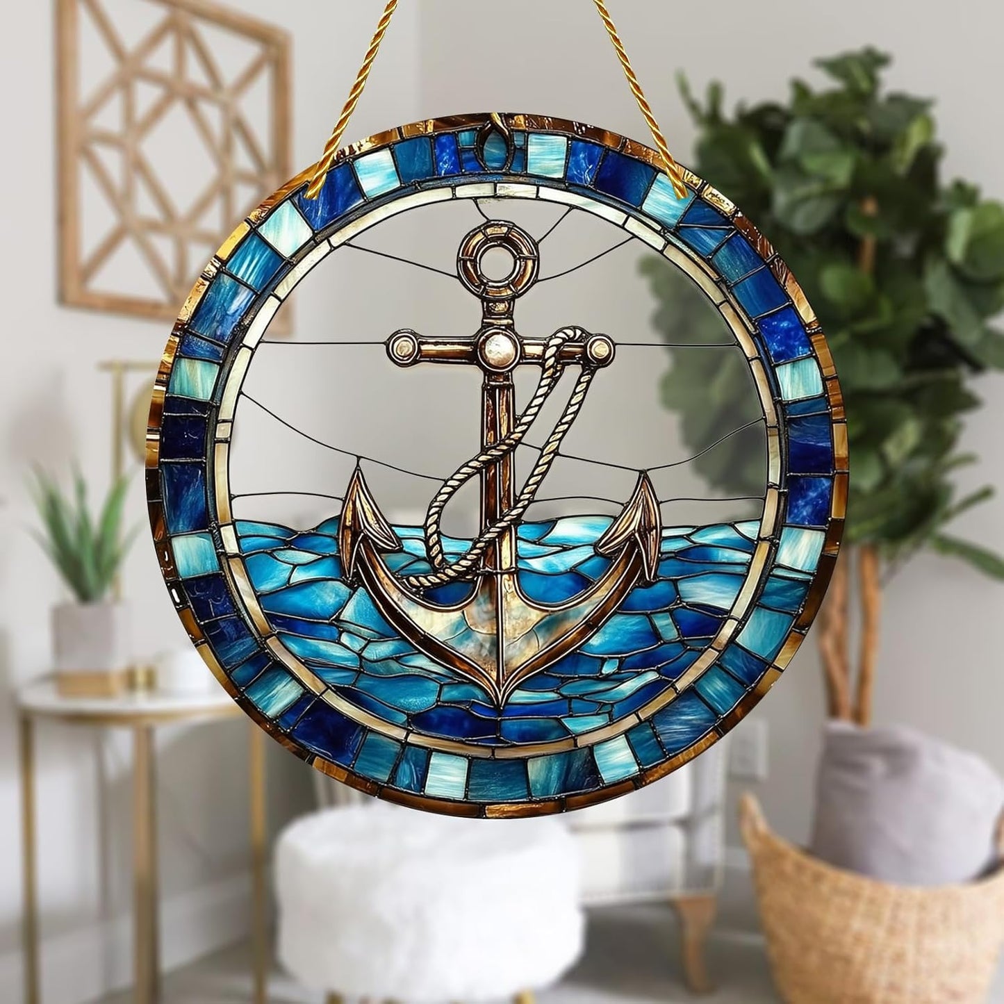 8x8 inch Charming Nautical Anchor Acrylic Stained Glass Window Hanging Sun Catcher Decor Stained Panel Hangings Wall Art Decor, for Friends and Family (Nautical)