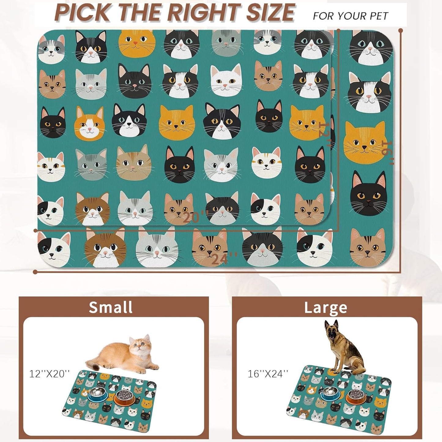 Cute Cat Dog Food Mat,Absorbent Pet Feeding Mat with Rubber Backing,Non-Slip Water Bowl Placemat,Indoor Pet Accessories Supplies 16"x24"