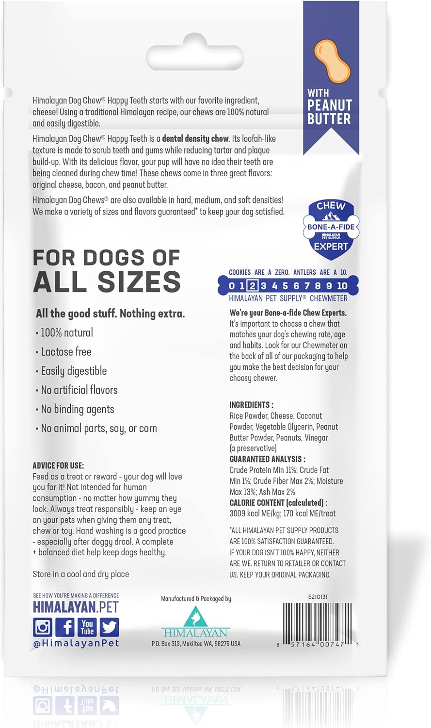 Happy Teeth Natural Cheese Dog Chews | Peanut Butter Flavor | Dental Chew | Protein Rich | Gluten Free - Lactose Free - Wheat Free - Soy Free | 2 Happy Teeth Chews per Resealable Pouch (Pack of 2)