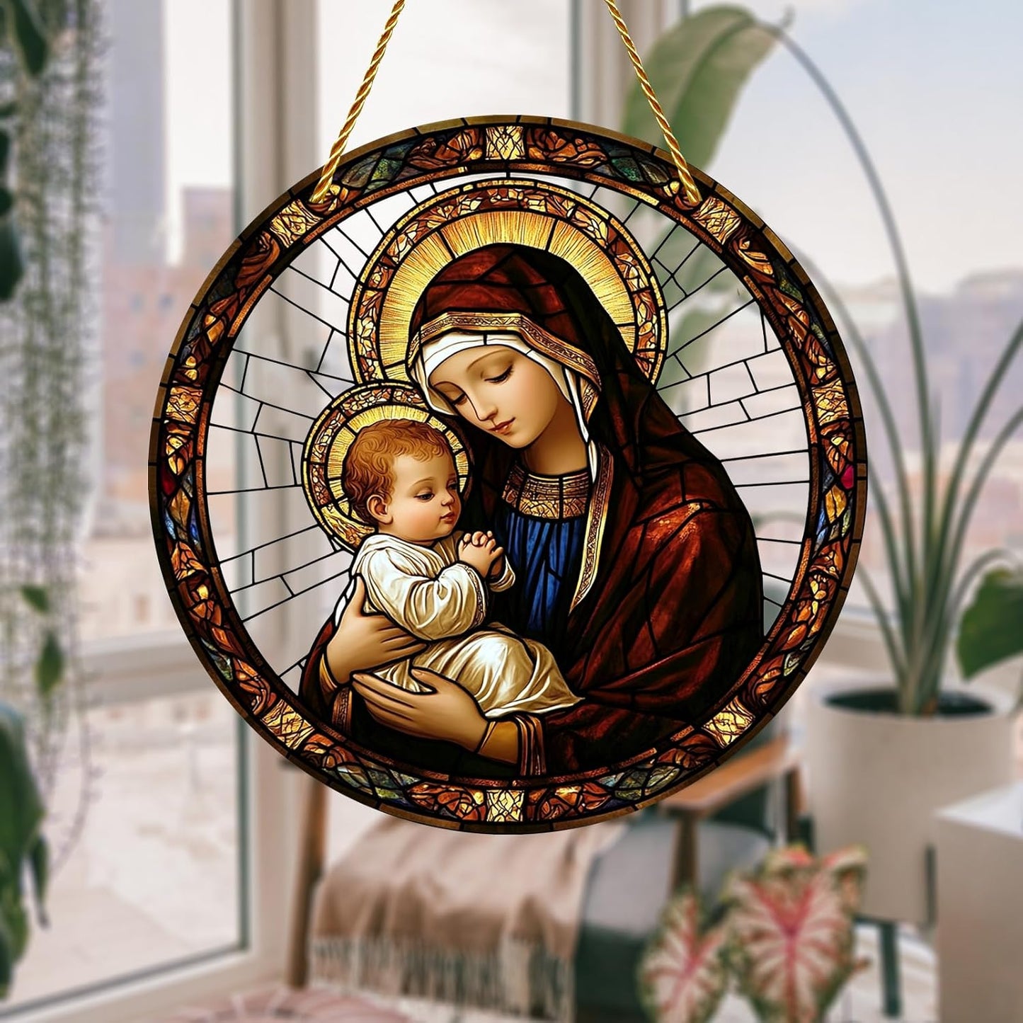 8x8 inch Charming Madonna and Child Acrylic Stained Glass Window Hanging Sun Catcher Decor Stained Panel Hangings Wall Art Decor, for Friends and Family (Madonna and Child)