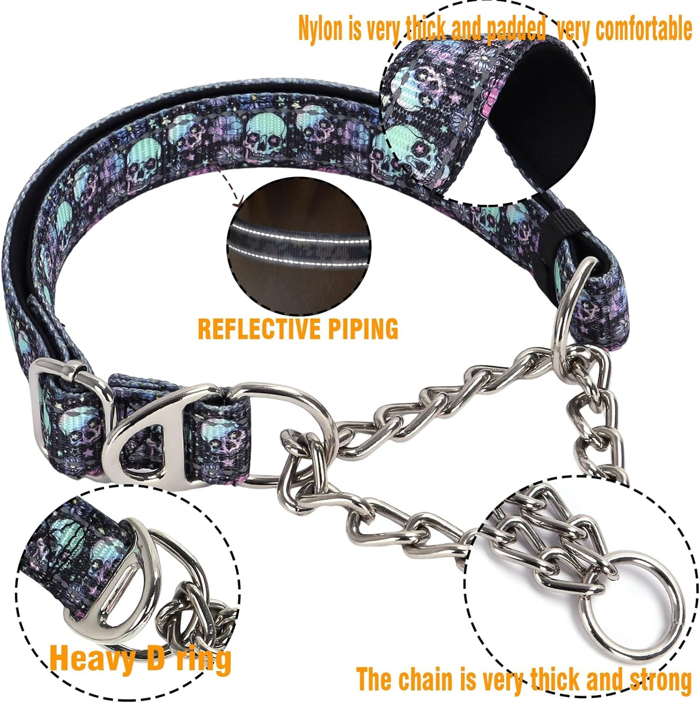 Martingale Dog Collar with Chain,Skull Reflective Nylon Soft Padded Adjustable Choke Collar for Large Breed Dogs, Medium, XL, XXL - Training & Walking Collar(Skull M)