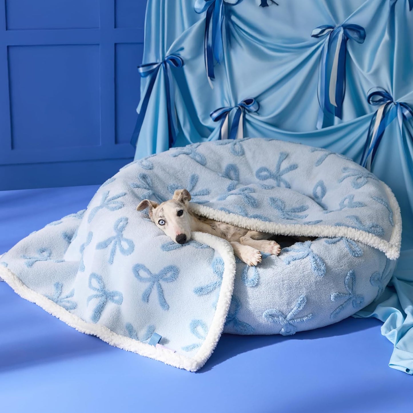 Lesure Waterproof Puppy Blanket for Medium Dogs - Washable Double Sided Dog Blankets with Warm Jacquard Shag and Soft Sherpa Fleece, Pet Cat Blanket for Couch Protection, Bow Design，Ice Blue