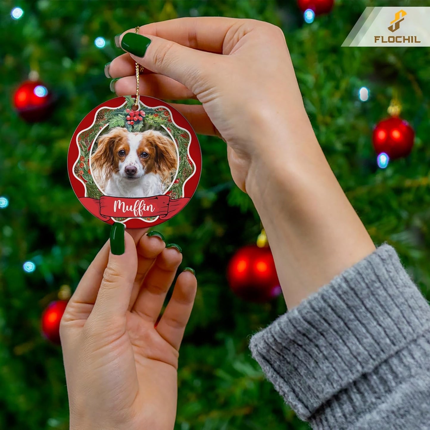 FLOCHIL Personalized Dog Christmas Ornaments, Custom Photo Name for Christmas Trees, Dog First Christmas Ornaments, Best Gifts for Pet Lovers