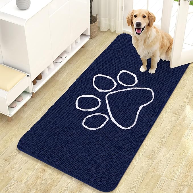 OLANLY Door Mat for Muddy Dog Paws 47x24, Ultra Absorbent Chenille Mud Doormat with Paw Print Design, Non-Slip Washable Doormat for Indoor Entryway, Quick-Dry Pet Bed Mats for Dirty Dogs, Navy Blue