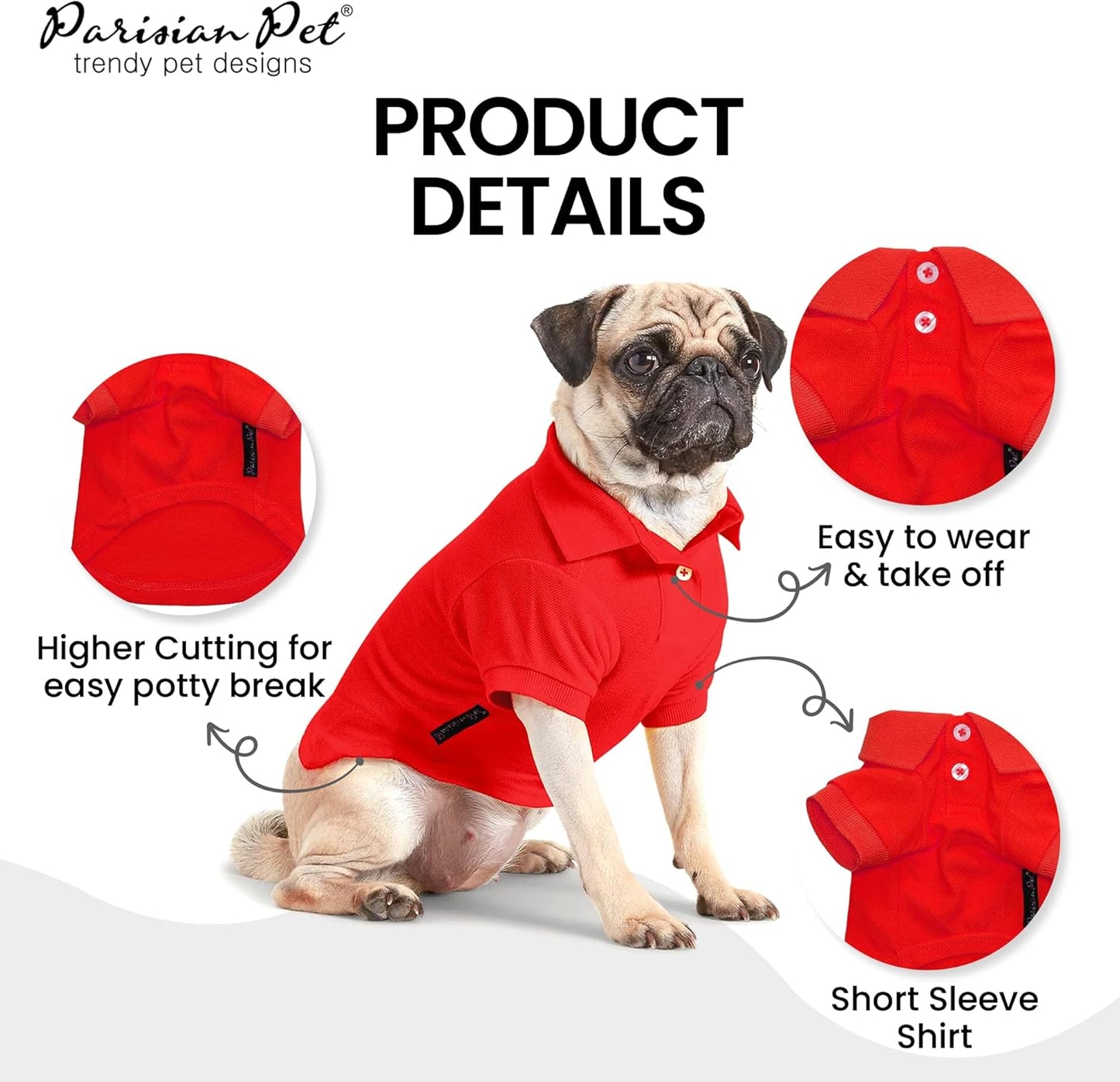 Parisian Pet Dog Polo Shirts - Breathable Cotton Shirt - Solid Red Color Summer Pullover Dog Clothes - Button Up Collar Polo Shirt for Small Dogs