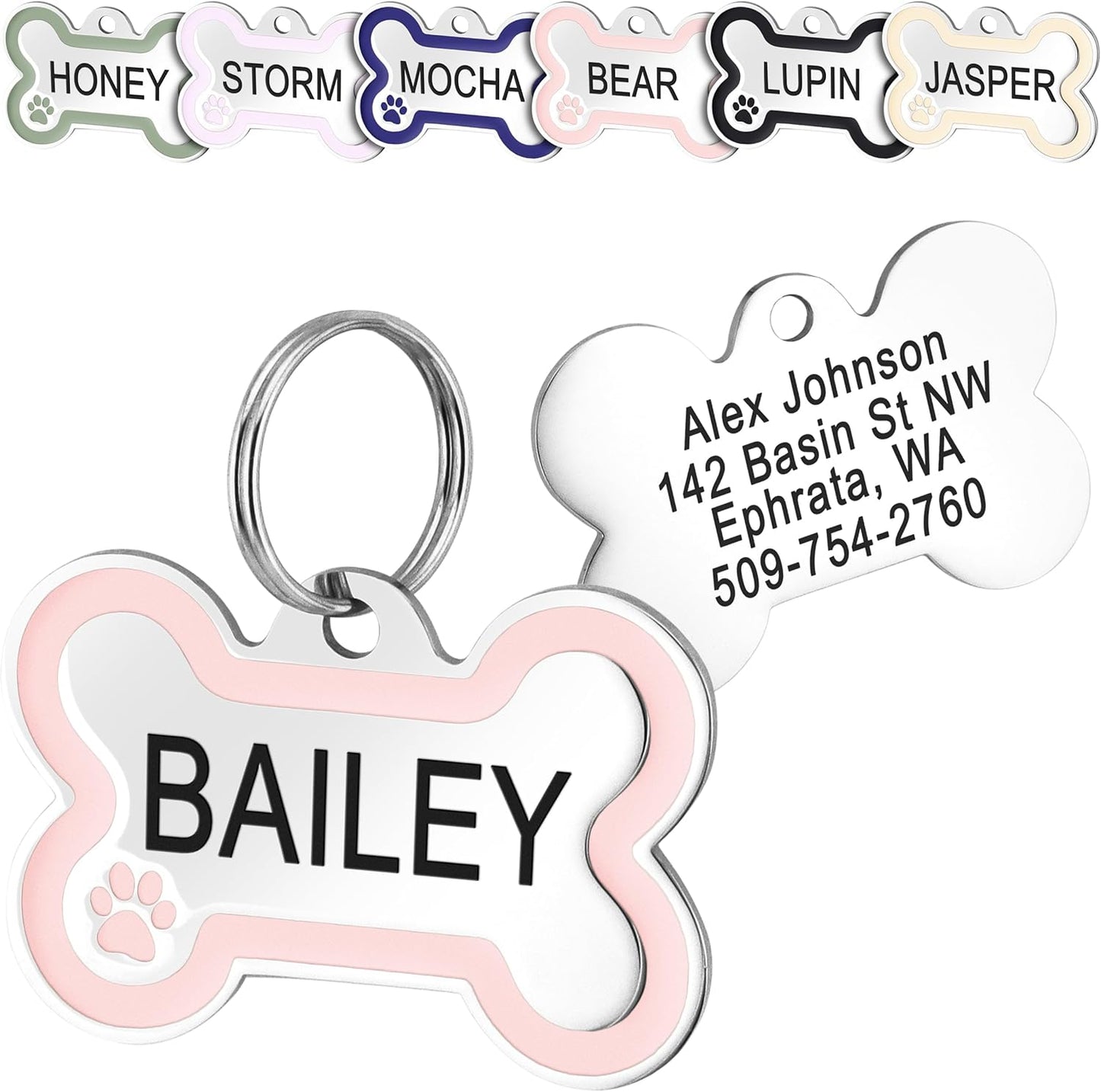 GoTags Stainless Steel Bone Dog Tag with Color Outline and Paw Print, Personalized Pet ID Tag for Dogs and Cats, Custom Engraving with up to 5 Lines of Text on Both Sides (Pink, Small)