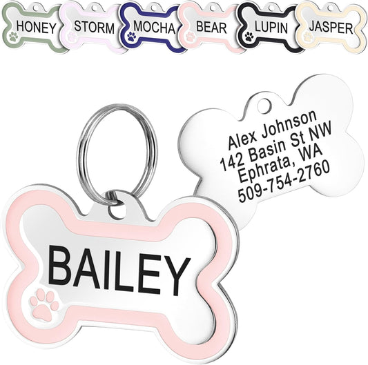 GoTags Stainless Steel Bone Dog Tag with Color Outline and Paw Print, Personalized Pet ID Tag for Dogs and Cats, Custom Engraving with up to 5 Lines of Text on Both Sides (Pink, Regular)