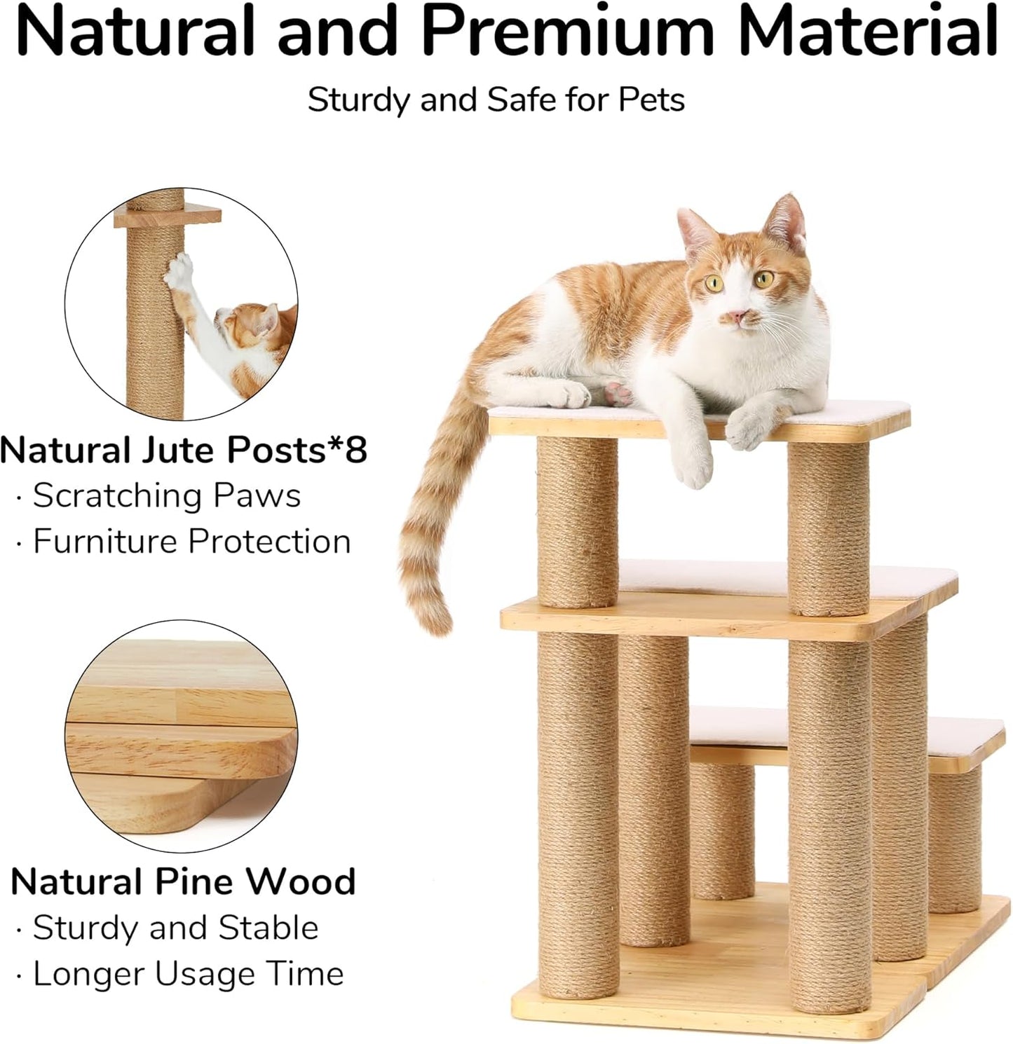 FUKUMARU Dog Stairs, Solid Wood Pet Stairs with Cat Scratching Post, Transformable Cat Ramp Can Hold Up to 200 lbs, 20 Inch Pet Steps for Dogs and Cats to Climb High Bed and Couch, Over 6 Combinations