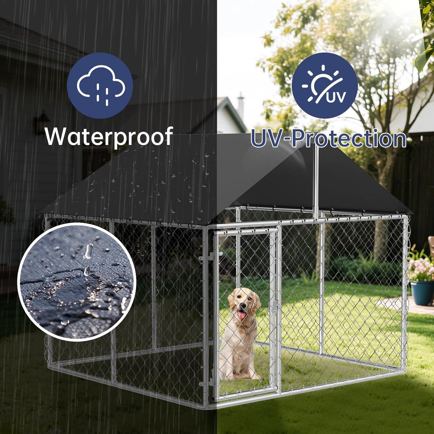 Outdoor Dog Enclosure Heavy Duty Dog Kennel House Mesh Dog Big Cage Pet Kennel Steel Fence with Secure Lock (79”x 79”)