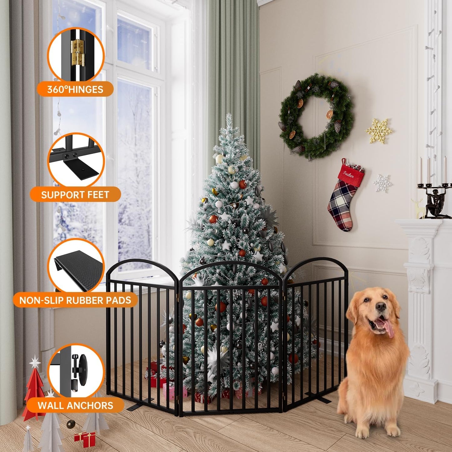 3 Panles Full Matel Freestanding Dog Gates with Door, 72"Extra Wide 32"Tall Free Standing Dog Pet Gate for Indoor & Outdoor. Foldable Pet Fences for Doorways, House, Stairs, Porch, Deck, Yard