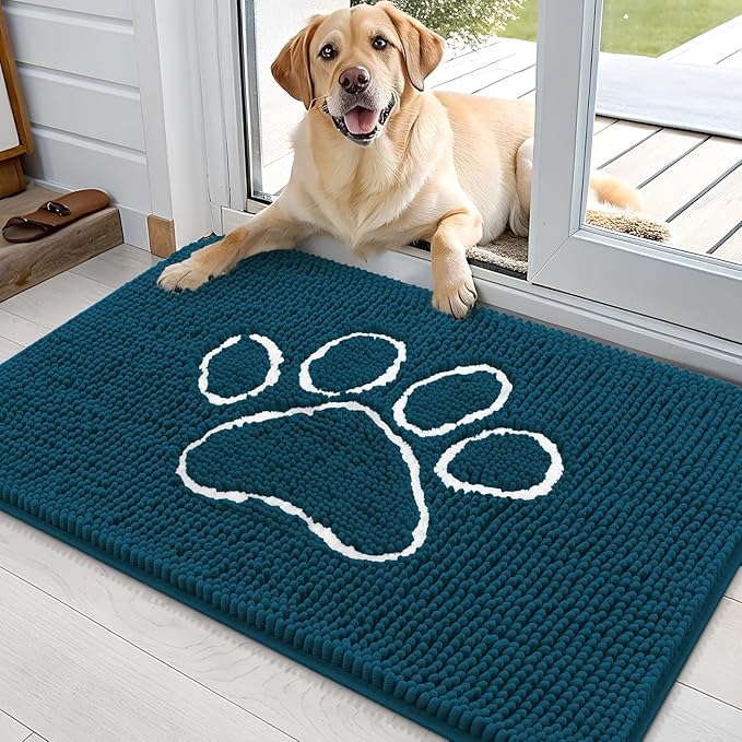 OLANLY Door Mat for Muddy Dog Paws 36x24, Absorbent Chenille Mud Doormat with Paw Print Design, Non-Slip Washable Doormat for Indoor Entryway, Quick-Dry Pet Bed Mats for Dirty Dogs, Atlantic Blue