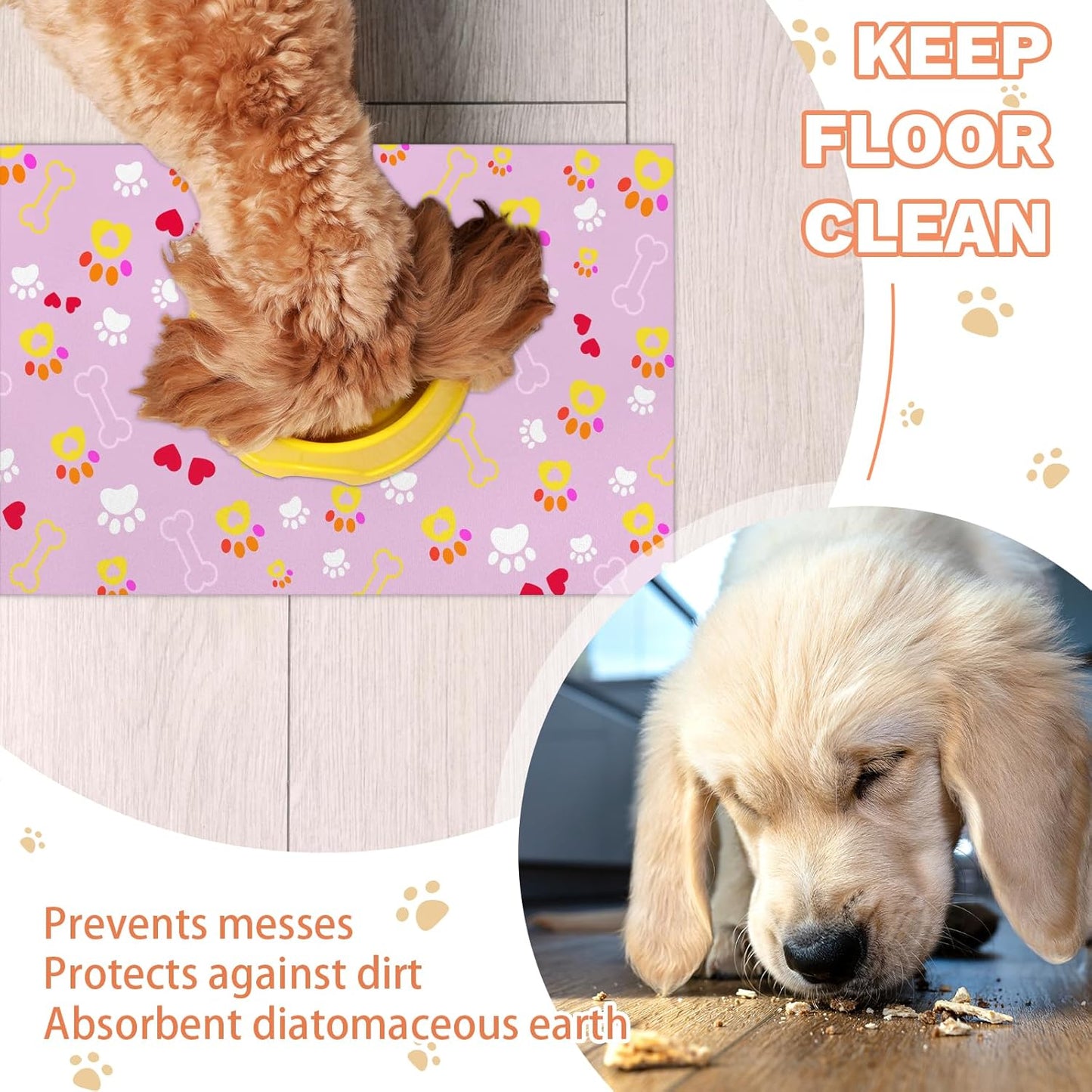 Pet Dogs Cats Food Mat, Pink Bone Dog Claw Pet Feeding Pad, 12 * 20 Inch Absorbent Dog Food Mat, Cat Dish Mat for Food and Water, Suitable for Dog Cat or Other Pets