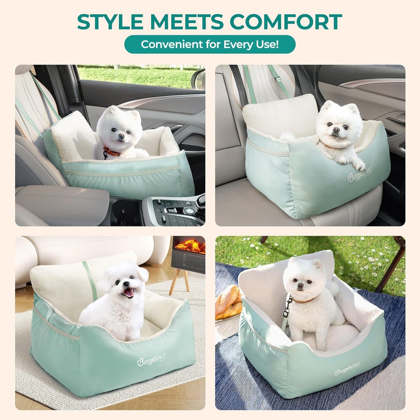 BurgeonNest Dog Car Seat for Small Dogs, Detachable and Washable Cat Carseats Under 25 lbs, Soft Pet Booster Seats with Storage Pockets and Clip-On Leash Portable Car Travel Carrier Bed, Beige Green