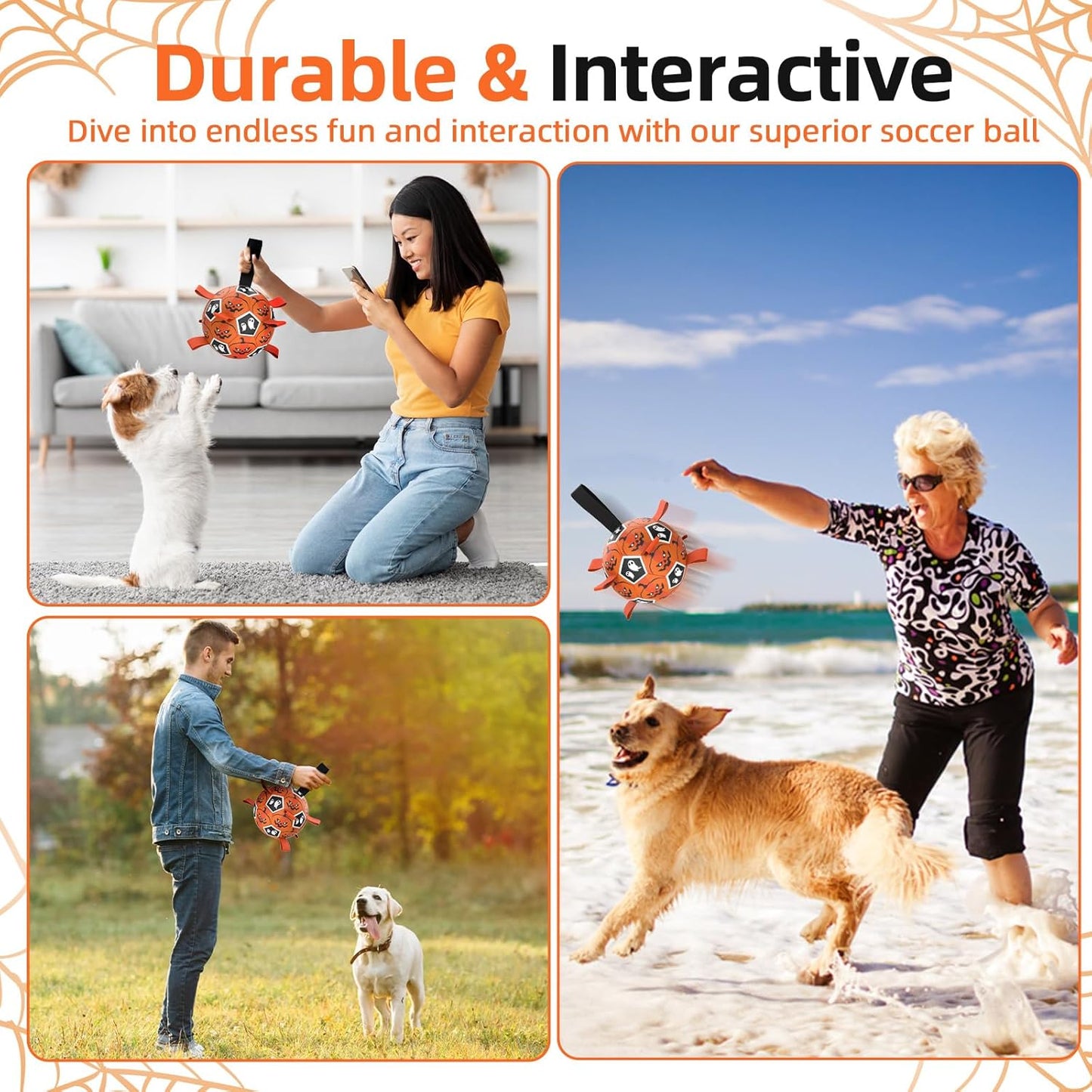 Diman Dog Soccer Ball with Straps, Halloween Dog Toys, Pet Toys Balls for Medium Large, Pet Birthday Gift, Interactive Dogs Toy for Tug of War (7 inch)