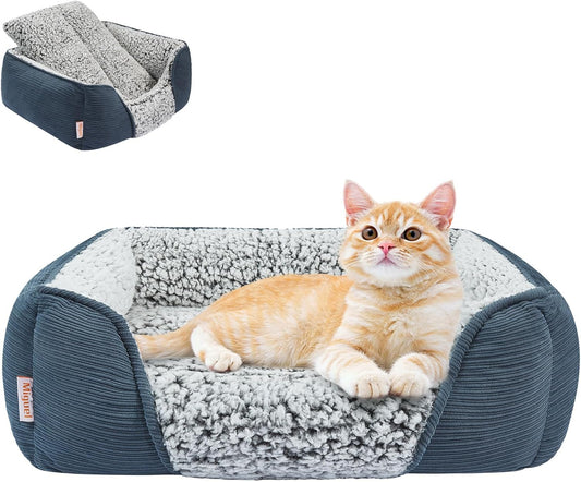 Miguel Washable Cat Bed for Indoor Cats With Removable Cushion, Easy to Wash Small Pet Sofa With Side, Rectangle Bolster Kitten Calming Cuddle Puppy Bed, Anti-Slip Bottom, Blue 20 Inch