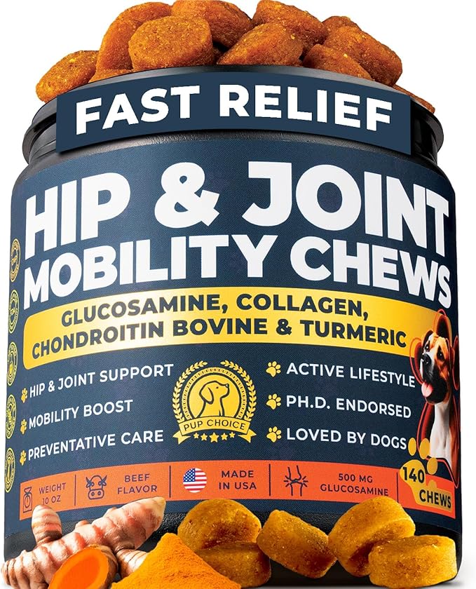 Glucosamine for Dogs 500mg – Hip & Joint Support Treats with Collagen, Chondroitin & Turmeric – PhD Endorsed Formula - Mobility Supplement for Dogs – 140 Chews – Beef Flavor – Made in USA