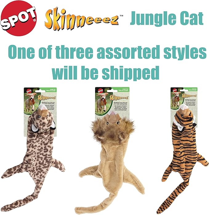 SPOT Skinneeez Jungle Cat 14 Inch Stuffing-Free Plush Squeaky Dog Toy – Soft Interactive Chew Toy for Small and Medium Dogs – Mess-Free Play for Light & Moderate Chewers