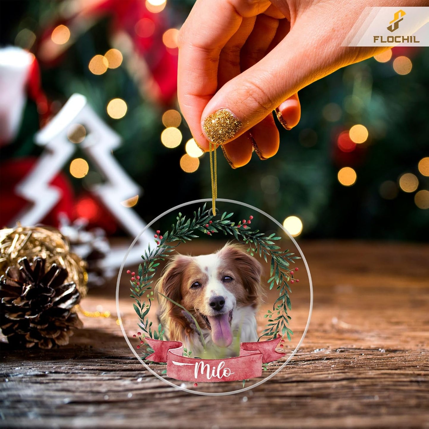 FLOCHIL Personalized Dog Christmas Ornaments, Custom Photo Name for Christmas Trees, Dog First Christmas Ornaments, Best Gifts for Pet Lovers Acrylic Ornament