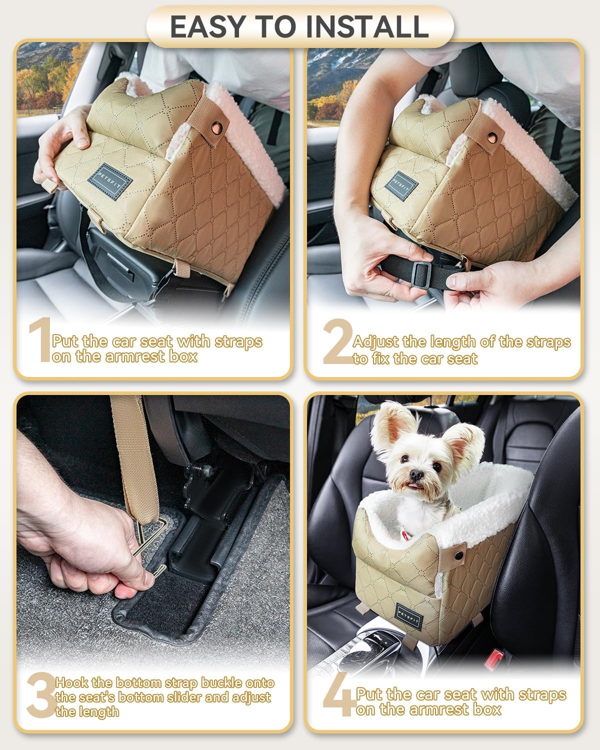 PETSFIT Dog Car Seats for Small Dogs with Safe Protection Hooks, Small Dog Car Seat with Upgraded Safety Tethers, Washable Cushion, Center Console Dog Car Seat (Yellow)