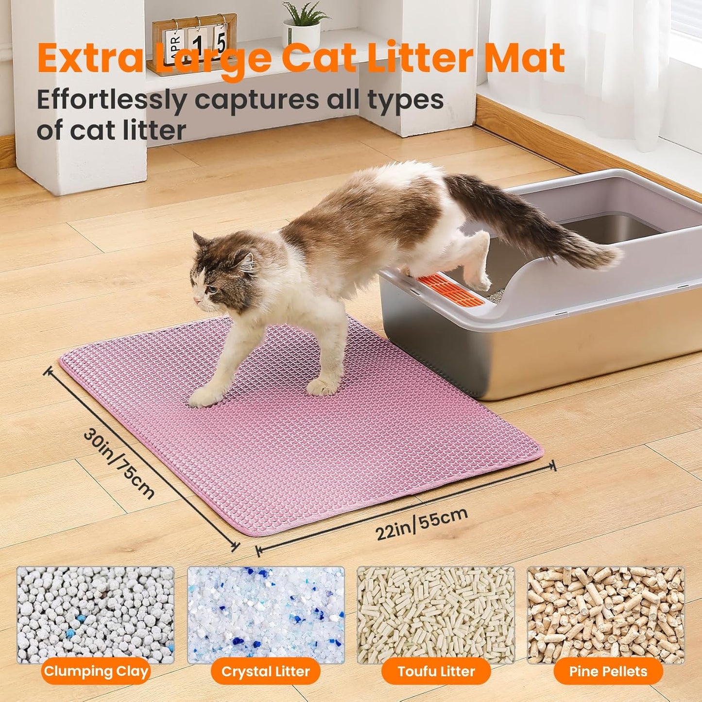 Extra Large Cat Litter Mat, 30x22 Inches Honeycomb Double Layer Cat Litter Trapping Mat, Non Slip Waterproof Urine Proof Large Kitty Litter Box Mat for Floor, Kitten Supplies, XL, Pink
