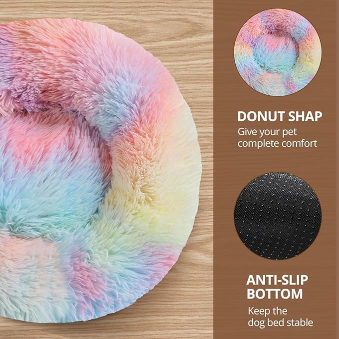 JOLLYVOGUE Medium Calming Dog Bed, Anti-Anxiety Donut Cuddler Cat Bed with Anti-Slip Bottom, Fluffy Faux Fur Machine Washable Pet Cushion for Medium Dog & Cat, 27"/Rainbow