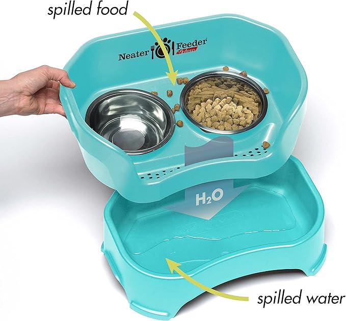 Neater Feeder Deluxe Mess Proof Dog Bowls Elevated for Large Dogs – Made in USA – No Spill Raised Dog Food Bowl Stand w/Leg Extensions – Stainless Steel Dog Food and Water Bowl Set – Teal