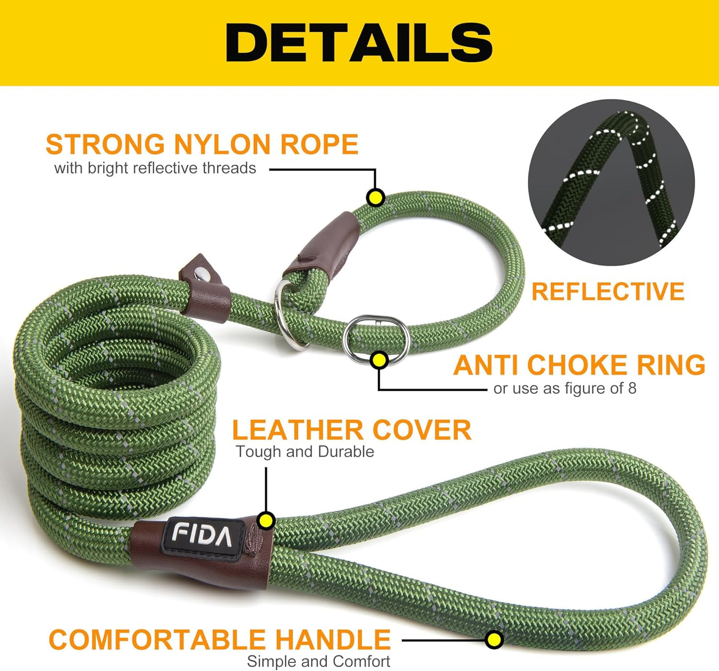 Fida Durable Slip Lead Dog Leash, 6 FT x 3/8" Heavy Duty Dog Loop Leash, Comfortable Strong Rope Slip Leash for Small Dogs and Puppies, No Pull Pet Training Leash with Highly Reflective(3/8", Green)