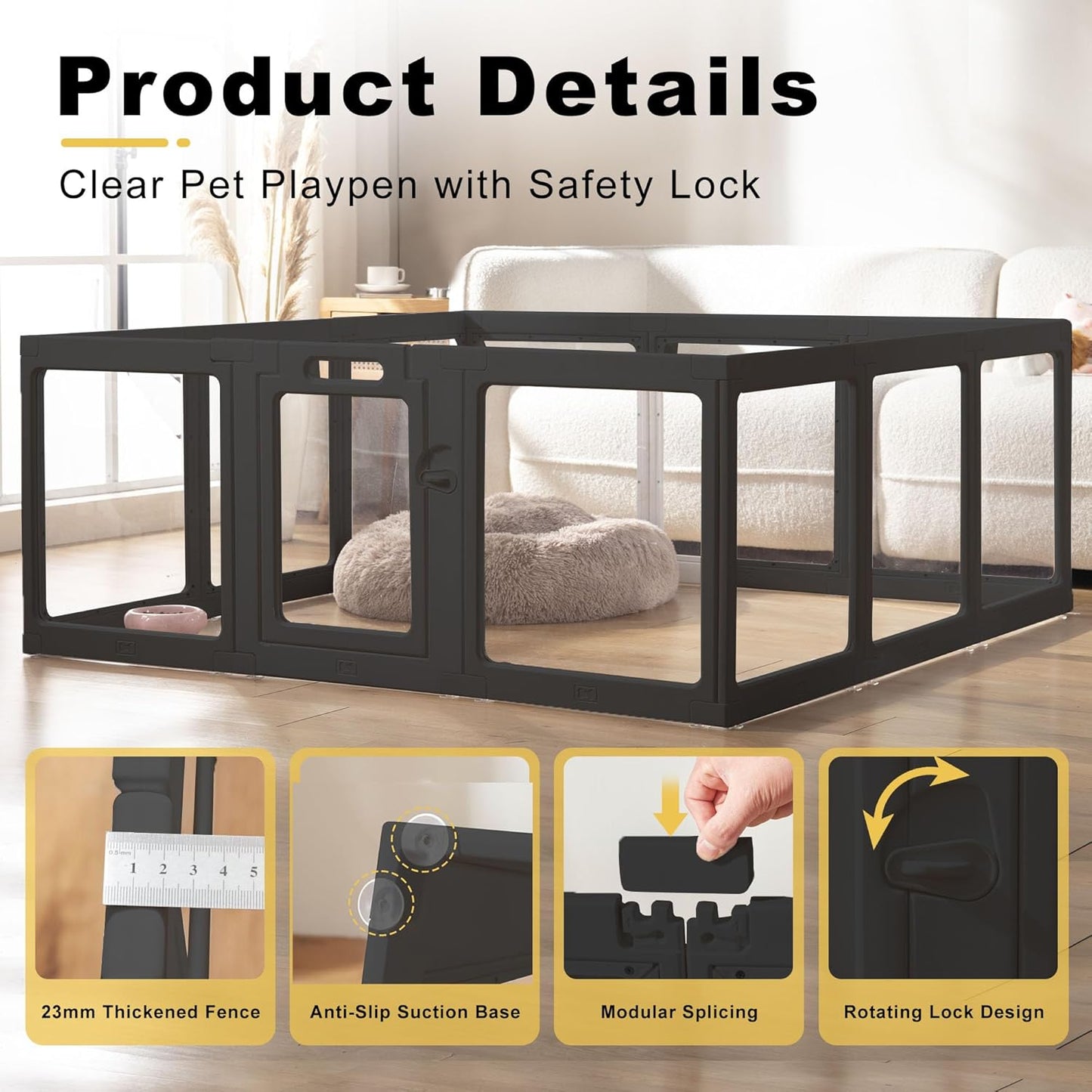 Clear Acrylic Dog Playpen Indoor, Puppy Cat Small Pet Play Pen, Pet Cat Foldable Playpen for Rabbits, Dog Fence Crate Kennel Whelping Cage (Black, 12 Panel)