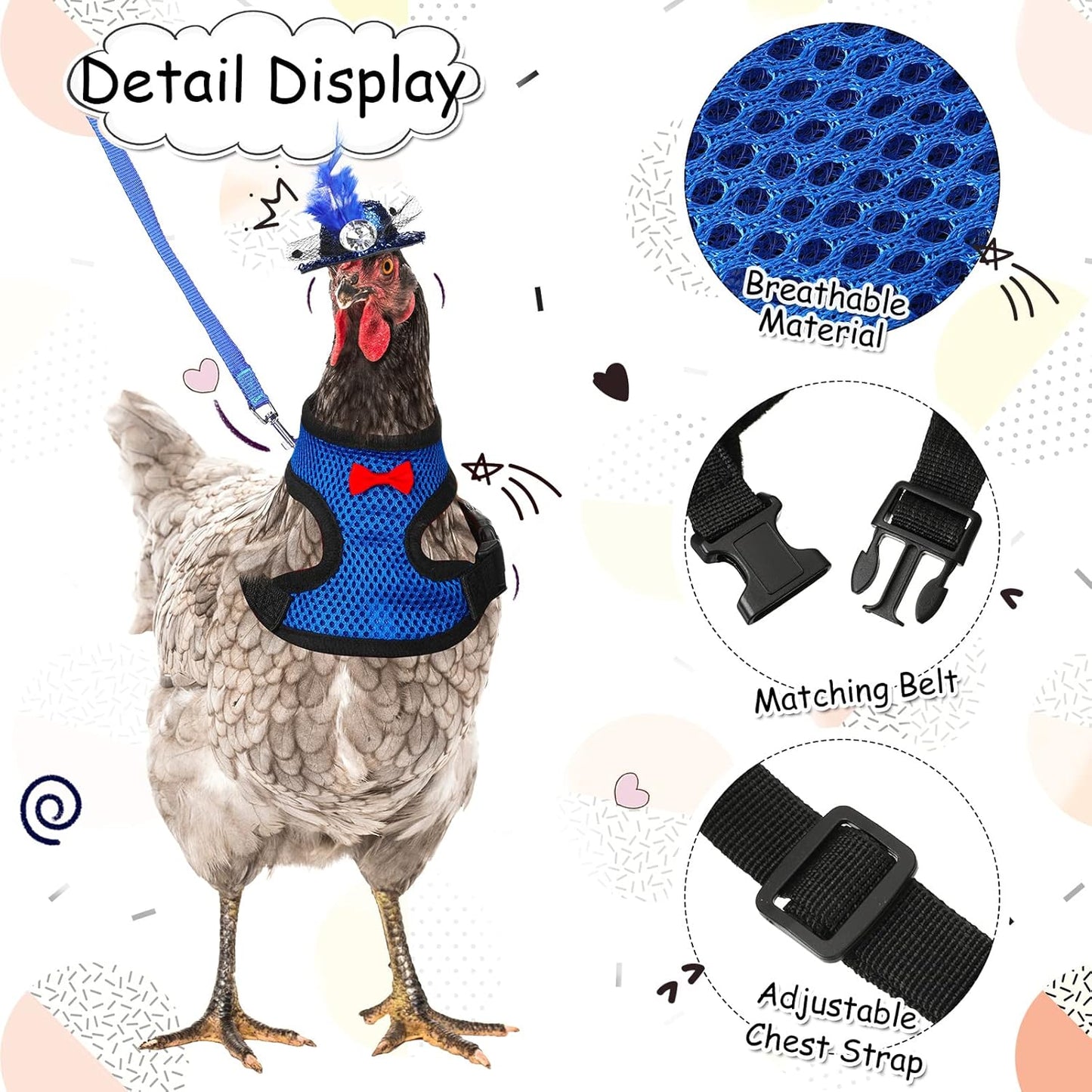 9 Pcs Funny Chicken Accessories Set - Harness, Leash & Hats for Hens, Ducks, Geese & Parrots - Adjustable, Training Walking Supplies