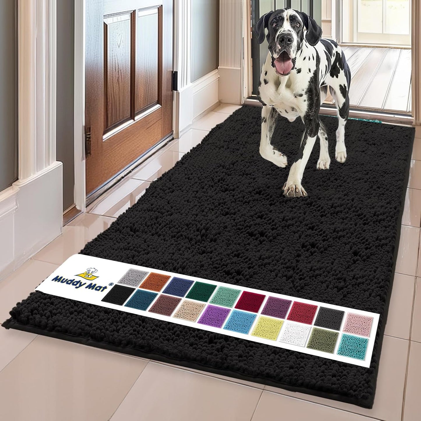 Muddy Mat® AS-SEEN-ON-TV Highly Absorbent Microfiber Door Mat and Pet Rug, Non Slip Thick Washable Area and Bath Mat Soft Chenille for Kitchen Bathroom Bedroom Indoor and Outdoor - Black XL 59"X35"